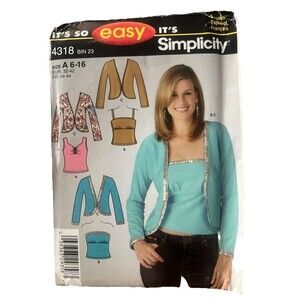 90's Simplicity Easy Pattern 4318 Cardigan Shrug Top Tank Size 6-16 Uncut